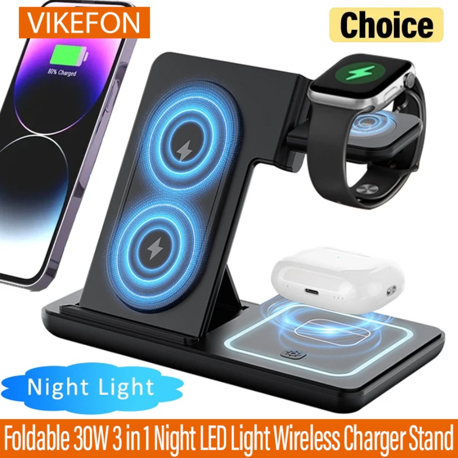Watch Charger Cable - 3in1折りたたみ式ナイトLEDライトワイヤレス充電スタンド iPhone Samsung Apple Watch 2-8