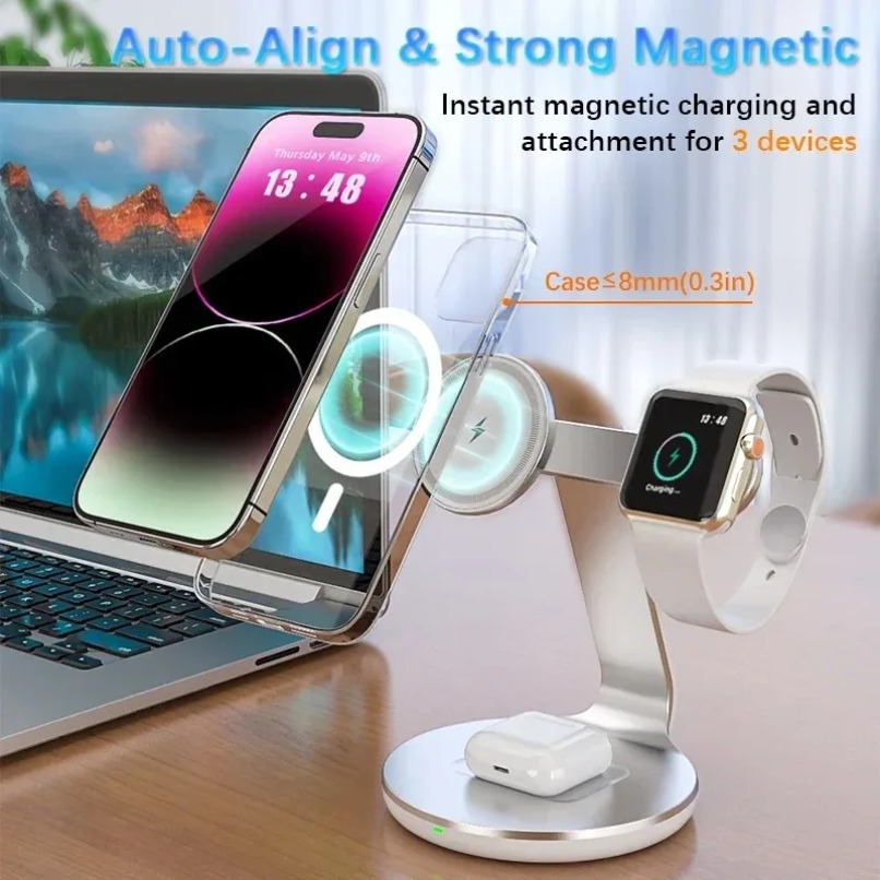 3in1ワイヤレス充電スタンド 360度回転 3つの充電ポー - Watch Charger Cable のレビューと価格