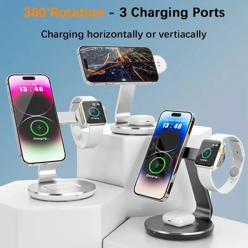 3in1ワイヤレス充電スタンド 360度回転 3つの充電ポー - Watch Charger Cable のレビューと価格